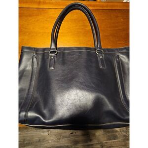 Merona Navy Blue Faux Leather Tote Bag Structured Work Shoulder Bag Large DD